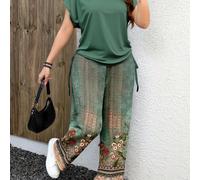Ensemble deux pièces pour femmes grandes tailles, vert, style bohème d'été pour vacances et congés, top col rond manches courtes avec ourlet à cordon de serrage unicolore & pantalon taille haute à fle