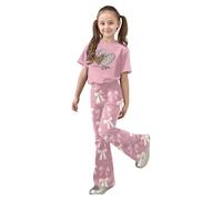 Ensemble deux pièces pour fille avec haut à manches courtes imprimé cœur et nœud mignon, pantalon évasé confortable en coton doux, tenue de Saint-Valentin et occasions spéciales pour enfants de 2 à