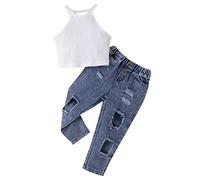 Ensemble Deux Pièces pour Fille en Jean et Débardeur sans Manches Côtelé Tenue Confortable Été (White, 4-5 Years)