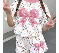 Ensemble deux pièces pour fille préadolescente, style décontracté minimaliste mignon et doux, motif nœud brillant, imprimé pois colorés, style crème doux, style vacances, manches courtes et short, ada