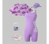Ensemble deux pièces pour filles préadolescentes avec imprimé lettres graphiques, T-shirt court à manches courtes violet et rose style cow-boy d'été + short skinny, tenue décontractée sportive et exte