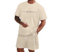 Ensemble deux pièces pour homme avec t-shirt à manches courtes et short imprimé sur toute la surface - Tenue décontractée pour un confort et un style quotidiens, beige, 4XL