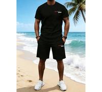 Ensemble deux pièces pour homme, imprimé rayé rouge et blanc Paris, composé d'un t-shirt à col rond et d'un short, 100 % coton peigné. Impression premium, unisexe, légèrement extensible, épaules tomba