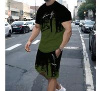 Ensemble deux-pièces pour hommes pour l'été, t-shirt col ras-du-cou à manches courtes imprimé dégradé d'alphabet et short de sport assorti avec poches L,M,S,XL,XXLLettresPolyester,Tissu tricoté