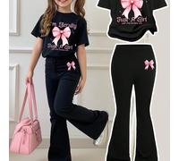 Ensemble deux pièces pour jeune fille, composé d'un t-shirt à manches courtes ample à col rond avec motif nœud papillon et d'un pantalon évasé. Tenue casual adaptée pour l'été. 6Y,7Y,8Y,9Y,4Y,5Y,3-4YA