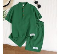 Ensemble deux pièces pour jeune garçon composé d'un Top à demi-glissière à col montant et manches courtes ainsi que de shorts à motif vague tissé 8Y,9Y,10Y,11Y,12YLettres,UnicoloreTissu tissé