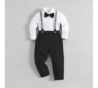 Ensemble deux pièces pour jeune garçon comprenant une chemise à manches longues, un nœud papillon et des pantalons avec bretelles, style Gentleman 6Y,7Y,4Y,5Y,3-4YRayéÉtoffe