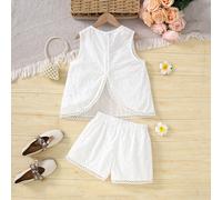 Ensemble deux pièces pour jeunes filles composé d'un Top sans manches ample avec dos en forme de V et d'un short, avec broderie florale tissée. Couleur blanche, convient pour les sorties printanières,