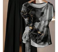 Ensemble deux pièces pour le Jour des enseignants, la rentrée scolaire, grande taille pour femmes. Top à manches chauve-souris avec motif marbré à ondulations d'eau et nœud latéral, pantalon noir unic