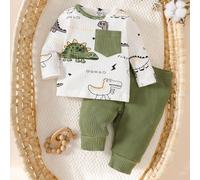 Ensemble deux pièces pour nouveau-né, motif dinosaure blanc, imprimé, poche verte, haut à manches longues et pantalon vert, mignon, décontracté, sport, mode, nouvel article 6-9M,0-1M,1-3M,3-6MRayéÉtof