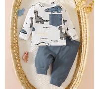 Ensemble deux pièces pour nouveau-né, motif dinosaure blanc, imprimé, poche verte, haut à manches longues et pantalon vert, mignon, décontracté, sport, mode, nouvel article 6-9M,0-1M,1-3M,3-6MAnimalÉt