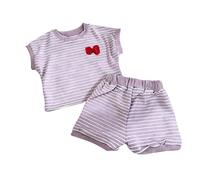 Ensemble Deux pièces rayé décontracté pour Fillette avec nœud 3D et Short d'été Tenue Confortable et Tendance pour Les Jeunes Filles (Purple, 3-4 Years)