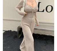 Ensemble deux pièces sexy abricot avec corset torsadé, ourlet asymétrique, haut à manches longues et pantalon large, tissu jacquard à rayures, pour jeunes filles sexy, style décontracté, vêtements pou