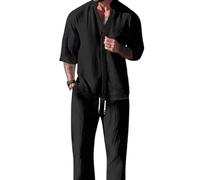Ensemble Deux pièces Tendance pour Homme en Coton et Lin : Haut et Pantalon, Chemise boutonnée décontractée et Pantalon Ample, Tenue hawaïenne habillée pour Le Travail et la Plage. (Noir,TG)