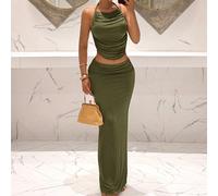 Ensemble deux pièces vert olive, sexy et chic, idéal pour les vacances d'été : débardeur dos nu à volants et jupe midi. Tenue élégante pour la plage et les croisières. L,M,S,XL,XS,XXL,XXS,XXXL,XXXXLUn
