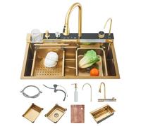 Ensemble d'évier de cuisine à LED en acier inoxydable doré - Un grand bol - 70 x 46 x 21 cm