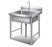 Ensemble d'évier de cuisine de restaurant commercial à cuve unique en acier inoxydable sur pied avec robinet, lavabo de préparation et de lavage utilitaire avec étagère de rangement