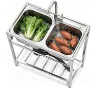 Ensemble d'évier de cuisine d'extérieur autoportant en acier inoxydable 304, unité utilitaire à double cuve avec robinet chaud et froid, 20 cm de profondeur