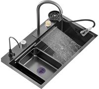 Ensemble d'évier de cuisine en acier inoxydable 304 avec cascade, station de travail nano-revêtement avec robinet extractible et rondelle de tasse plein d'accessoires (taille : 85 x 45 x 22 cm)