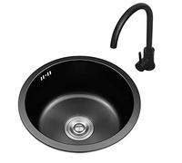 Ensemble d'évier de cuisine en acier inoxydable 304 noir avec robinet et accessoires - Mini design rond (32 x 32 x 19 cm) pour cuisines modernes et bars à domicile