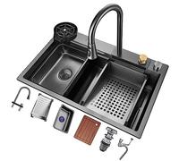 Ensemble d'évier de cuisine en acier inoxydable noir 68 x 45 x 22 cm Cascade Wortat avec lave-tasse extractible et pressurisé S RR