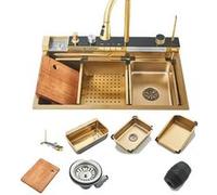 Ensemble d'évier de cuisine intégré, finition dorée brossée, design à double cuve, acier inoxydable durable, Évier de cuisine, Robinet, Planche à découper, Filtre de drain, Distributeur de savon, Lave