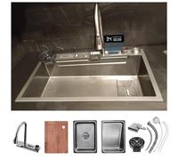 Ensemble d'évier de cuisine multifonction en acier inoxydable - 13 pièces avec robinet extractible à affichage numérique, bol unique, lave-tasse et boutons de commande (Grigio 75 x 45 cm)