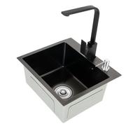 Ensemble d'évier de cuisine noir de 45 cm avec égouttoir, robinet et distributeur de savon, acier inoxydable 201, pour montage encastré sous meuble