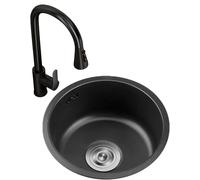 Ensemble d'évier de cuisine rond noir de 35 cm en acier inoxydable cascade avec égouttoir et panier de vidange, idéal pour bar et cuisine à la maison