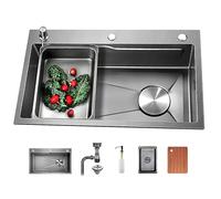 Ensemble d'évier Domestique Évier de Cuisine, évier de Poste de Travail de Ferme à encastrer/sous Plan, cuve Simple, éviers rectangulaires en Acier Inoxydable 304 avec Robinet pulvérisateur