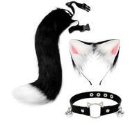 Ensemble d'habillage Queue de Loup Renard, Des Oreilles de Renard en Fausse Fourrure, Costume de Cosplay de Fête d'Halloween, Accessoires de Déguisement pour la Fête, la Mascarade (Schwarz Weiß)