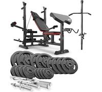 Ensemble d'haltères 106 kg et Banc de Musculation Multifonction HS-1075, Pupitre de Biceps, Papillon, Poulie haute, Set de disques de poids en fonte