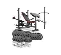 Hop-Sport Ensemble d'haltères 116 kg et Banc de Musculation Multifonction HS-1075, Pupitre de Biceps, Papillon, Poulie haute, Set de disques de poids en fonte 31 mm, Kit de Barres d'haltères Noir / Ro