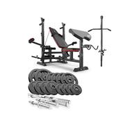 Ensemble d'haltères 76 kg et Banc de Musculation Multifonction HS-1075, Pupitre de Biceps, Papillon, Poulie haute, Set de disques de poids en fonte
