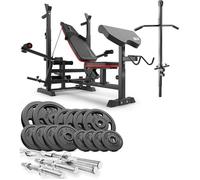 Ensemble d'haltères 76 kg et Banc de Musculation Multifonction HS-1075, Pupitre de Biceps, Papillon, Poulie haute, Set de disques de poids en fonte