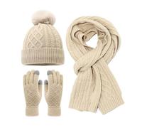 Ensemble D'Hiver En Tricot Ensemble Bonnet, éCharpe, Gants Tactiles Pour Femme, Coffret Cadeau D'Hiver, Bonnet Avec Pompon Doublé Polaire,Chaud 3 En 1 Cadeaux Noel Femme Homme