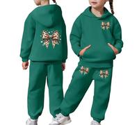 Ensemble d'hiver pour fille en polaire doublé, sweat à capuche et pantalon jogging avec imprimé nœud papillon, tenue confortable et décontractée pour jeux quotidiens, taille 2-7 ans (Dark Green,