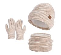 Ensemble d'hiver unisexe 3 pièces - Bonnet tricoté, écharpe tube et gants | Ensemble d'accessoires doux et doublés pour homme et femme, Style_s01 beige, taille unique