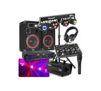 MAX SKYTEC Pack Disco DJ - Enceinte 500W, Jeux de Lumière sur Barre en T Contrôle par Télécommande, Amplificateur 2X 250W, Machine à Fumée avec Liquide Inclus, Table de Mixage