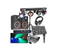 SKYTEC Pack Disco DJ - Enceinte 500W, Jeux de Lumière sur Barre en T Contrôle par Télécommande, Amplificateur 2X 250W, Machine à Fumée avec Liquide Inclus, Table de Mixage
