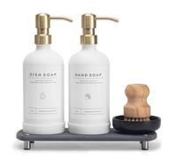 Ensemble Distributeur de Savon de Cuisine, Bouteille en Verre Blanc de 150 cl, Pompe en Acier Inoxydable, Plateau à séchage instantané antidérapant, étiquettes imperméables et Brosse à Vaisselle