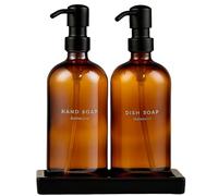 Ensemble distributeur de savon Maisonovo Kitchen | Ensemble distributeur de savon pour les mains et la vaisselle avec plateau en céramique et 16 étiquettes | Bouteilles en verre ambré et pompes noires