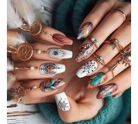 Ensemble d'ongles à presser à plumes en acrylique - Couvrance complète des ongles - Application facile