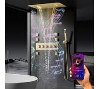 Ensemble Douche Encastrable Musique, 580 * 380mm Pommeau de Douche Pluie, 64 Couleurs RGB LED Colonne de Douche Encastrée, Système de Douche avec 6pcs Buse de Massage, Messingkörper, Or Brossé