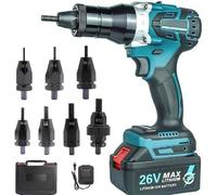 Ensemble d'outils à riveter sans fil, pistolet à riveter automatique portable avec batterie 26 V, chargeur, étui de transport, pistolet à rivets électriques pour M3 M4 M5 M6 M8 M10 M12 (5200 mAh)