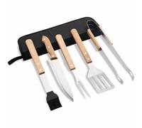 Ensemble d'Outils de Barbecue en Acier Inoxydable 5 pièces - Pince, Spatule, Fourchette, Couteau, Brosse - Poignées en Bois et Sac de Transport Lavable - pour Camping, Jardin, Réunions Familiales