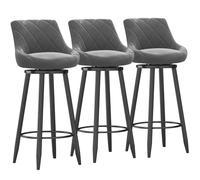 Ensemble d'outils de barre en velours moderne de 3 chaises de bar pivotantes avec dos et repose-pieds en métal noir pour île de cuisine/salle à manger gris 65 cm