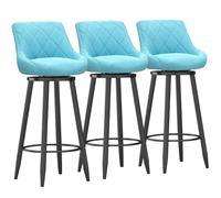 Ensemble d'outils de barre en velours moderne de 3 chaises de bar pivotantes avec dos et repose-pieds en métal noir pour île de cuisine/salle à manger Bleu clair 75 cm