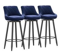 Ensemble d'outils de barre en velours moderne de 3 chaises de barre pivotantes avec dos surélevé et repose-pieds en métal noir pour île de cuisine/salle à manger Bleu 65 cm