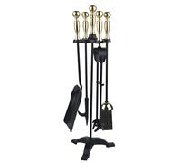 Ensemble d'outils de cheminée 5 pièces avec support - Kit d'outils de foyer en fer forgé avec tisonnier, pince, pelle, brosse et base robuste pour cheminée intérieure ou extérieure (noir)